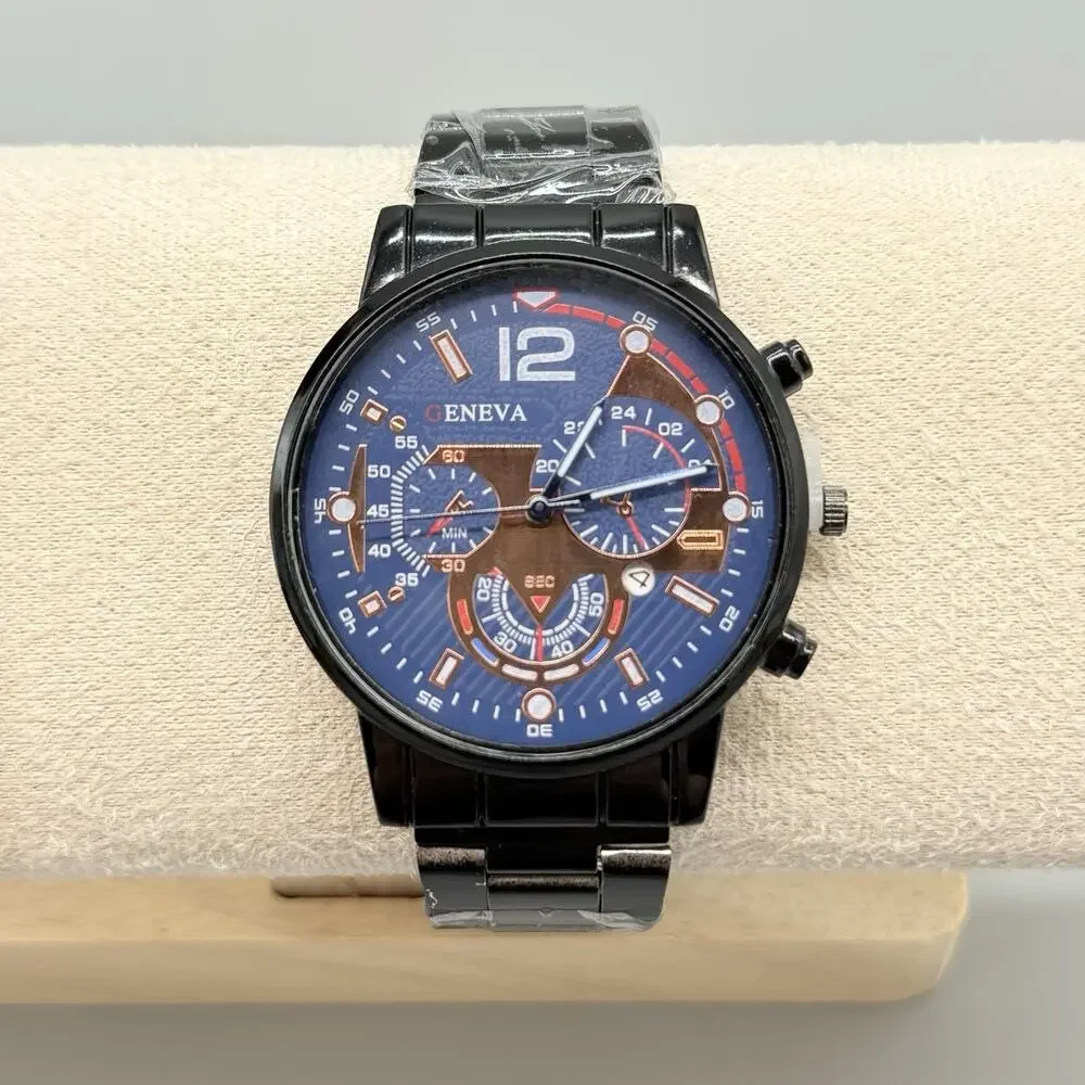 Geneva Men's Black Alloy Link Watch Blue Dial Oversized Faux Chronograph New